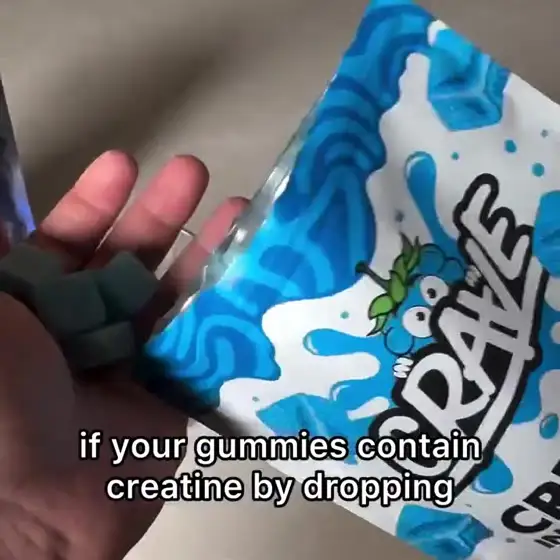 Gummies going into hot water, the water turning cloudy, then the glass inverted to show creatine sediment stuck to the bottom